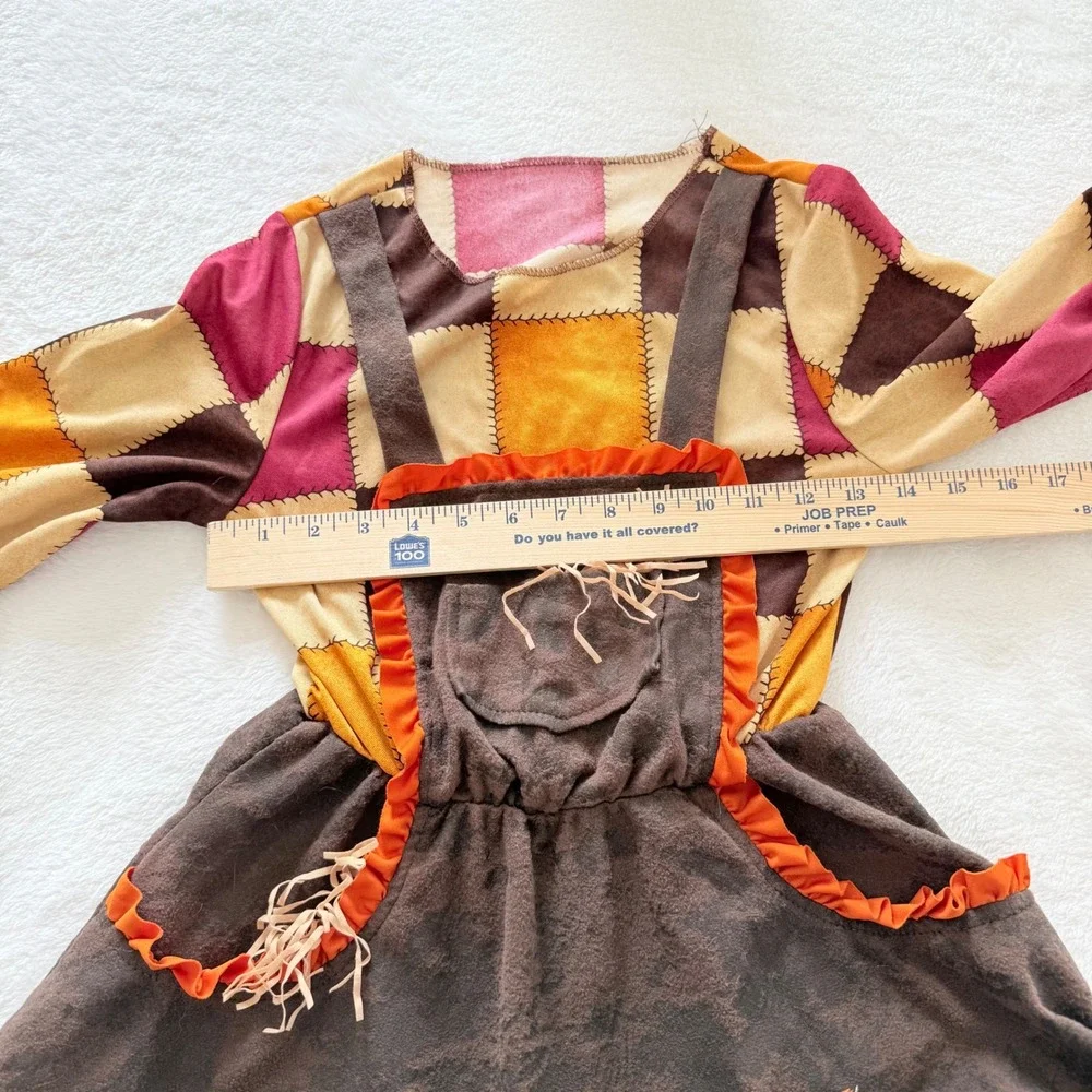 Scarecrow Costume Kids M Brown Orange Patchwork Dress with Hat